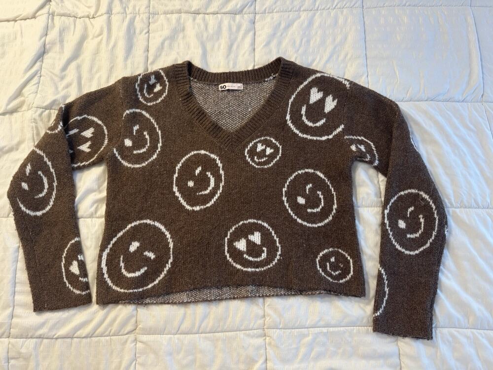 Brown V-Neck Sweater Knit Cozy Smiley Face Print Y2K 90s Grunge Kidcore Retro